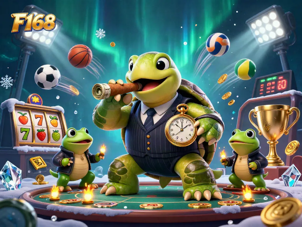 Engage with F168's vibrant casino scene featuring a turtle in a mobster suit and gaming elements.