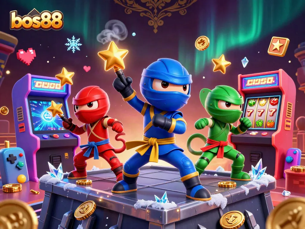 Bos88 showcases a vibrant casino-themed illustration with ninja chameleons and dynamic gaming elements.