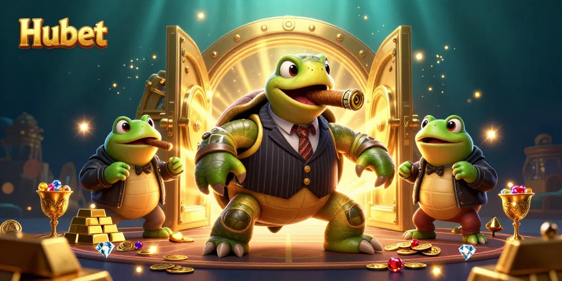 Experience Hubet's thrilling gaming scene with a charismatic turtle in a suit, flanked by bullfrog enforcers.