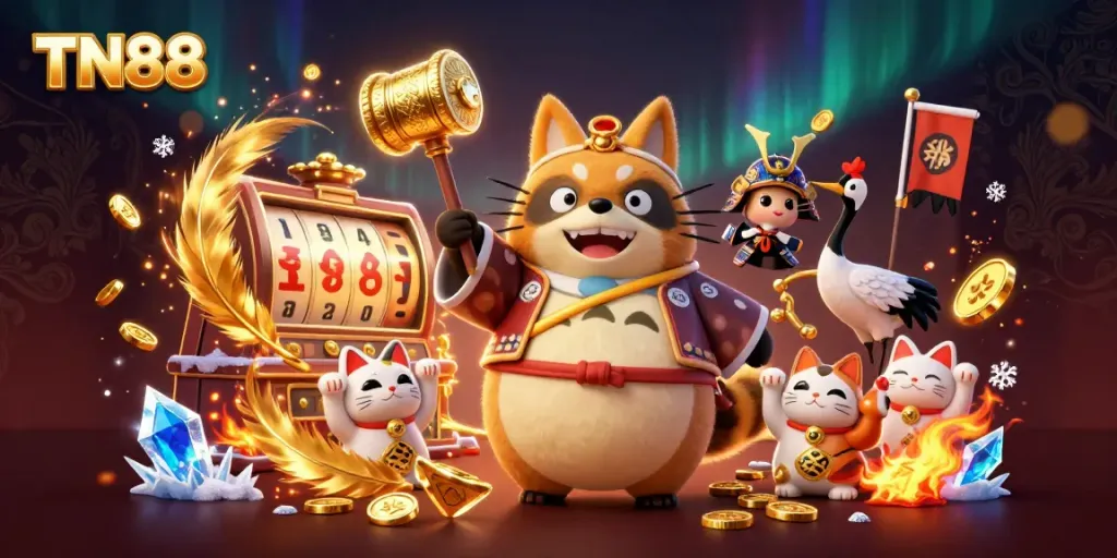 Experience the excitement of TN88 with our lively casino-themed illustration featuring vibrant characters.