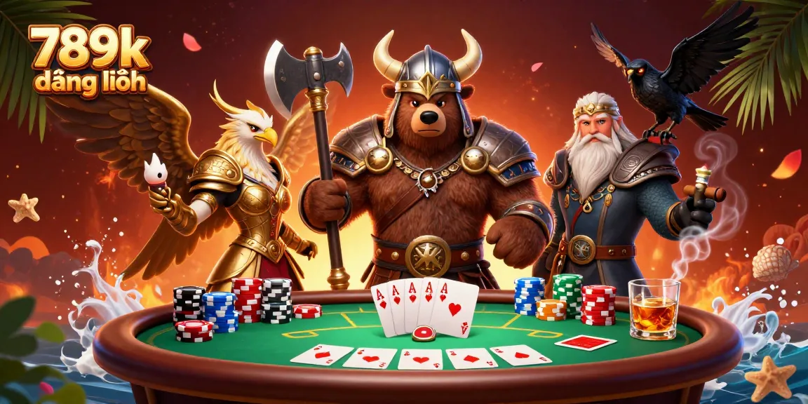 Engage with exciting gameplay at 789k đăng nhập, featuring cartoon Viking characters and poker elements.