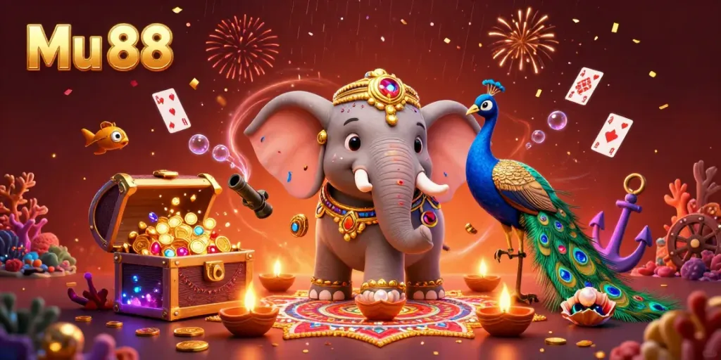 Experience the excitement of Mu 88 with vibrant casino-themed illustrations showcasing games and celebrations.