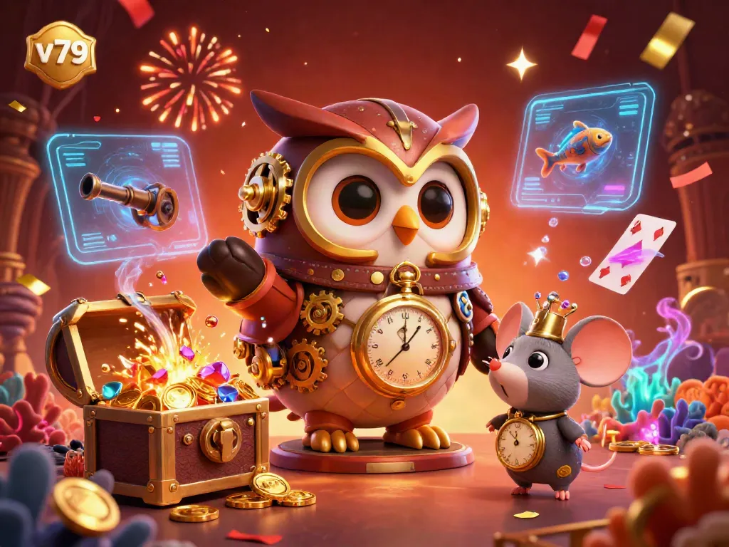 Engage in vibrant casino adventures with v79's colorful 3D scene, featuring time-traveling characters.