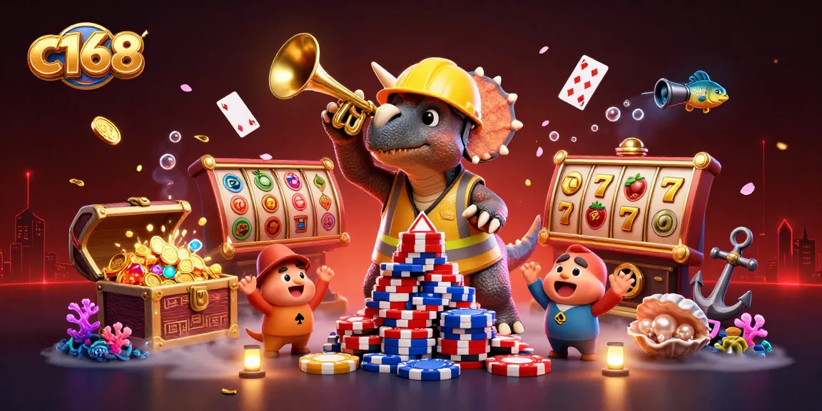 Engage with c168's thrilling slot games featuring a colorful triceratops and poker chips.