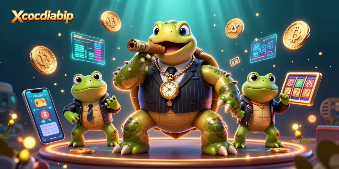 Xocdiabip showcases a cunning snapping turtle mobster and bullfrog enforcers in a lively casino scene.