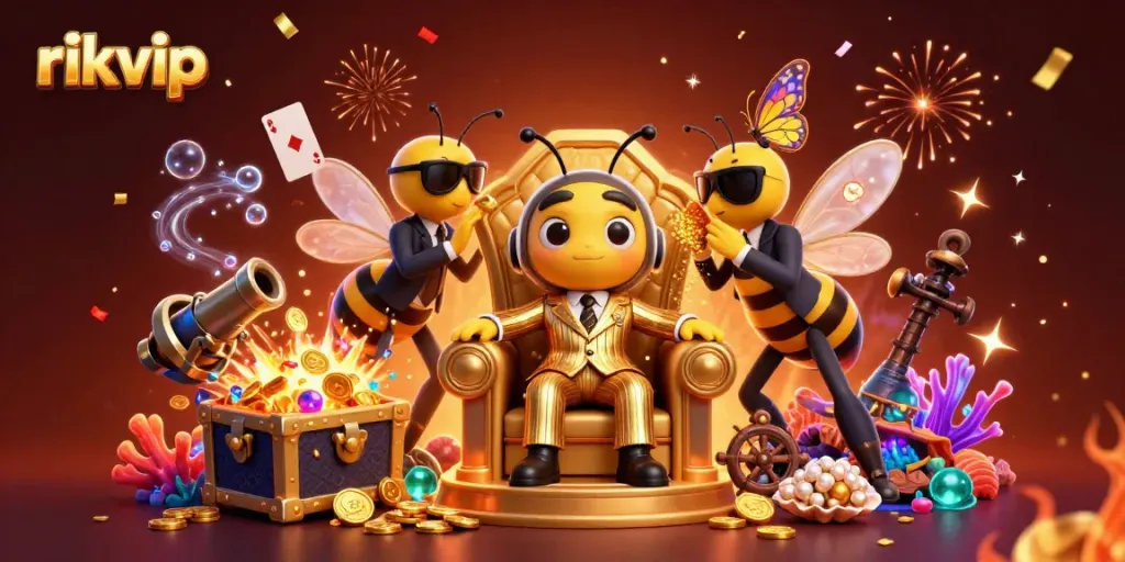 Engage with rikvip's vibrant casino experience in an ultra-detailed 3D scene filled with gold and excitement.