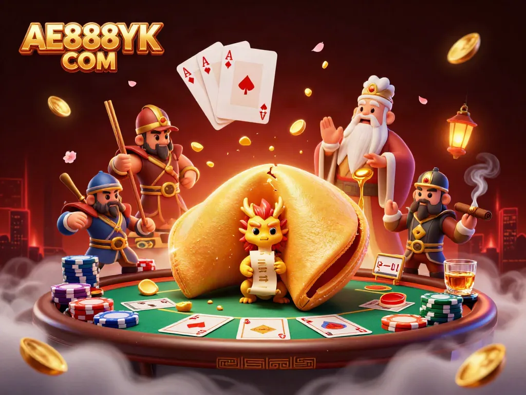 Experience thrilling gameplay at AE888YK COM with a vibrant casino-themed 3D illustration.