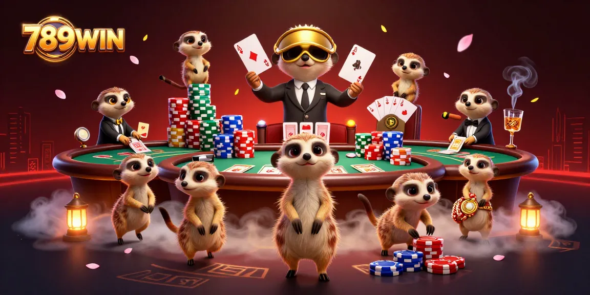 Engage in thrilling casino action at 789WIN with meerkats managing a colorful gaming scene.