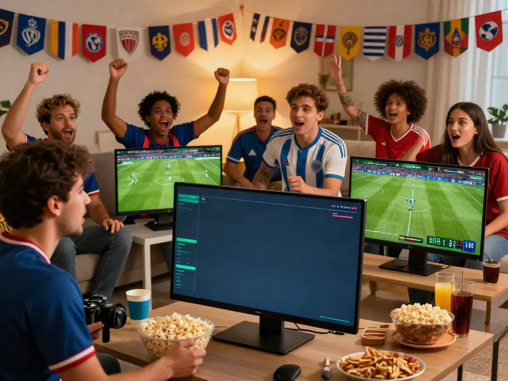 Fans enjoying Socolive live soccer streaming in a vibrant living room.