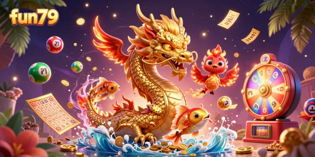 Join the fun79 excitement with a fierce dragon, phoenix, and koi amid casino elements!