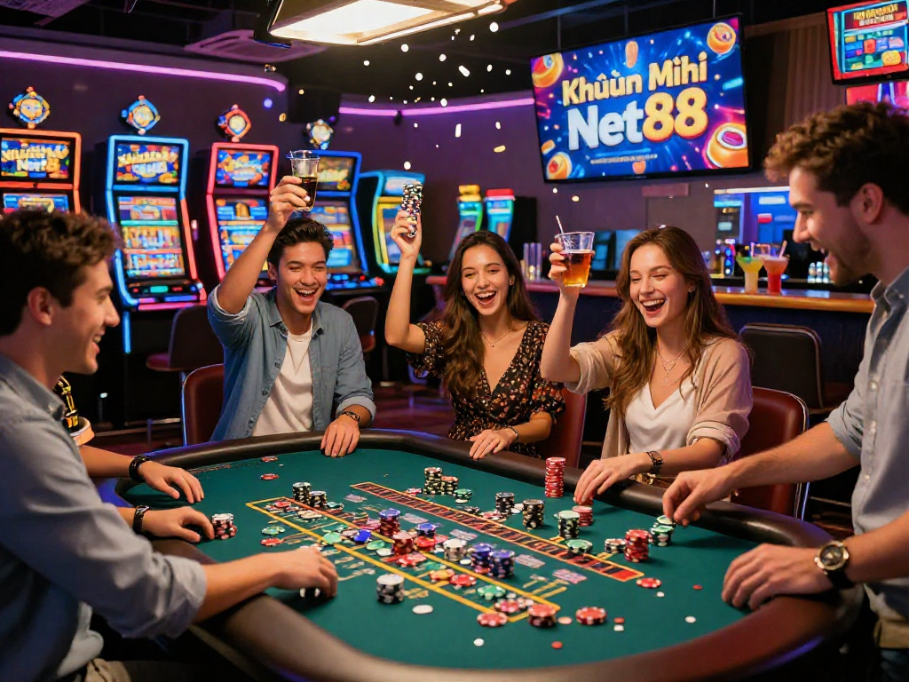 Celebrating friends at a casino roulette table enjoying Khuyến Mãi Net88 promotions.