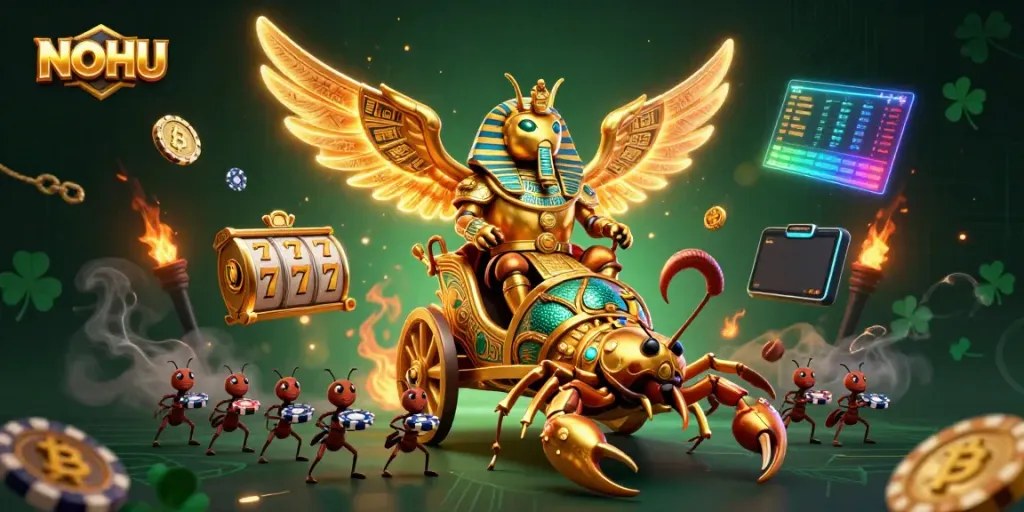 Experience the excitement of NOHU with a vibrant 3D illustration featuring a golden scarab beetle chariot and dynamic casino elements.
