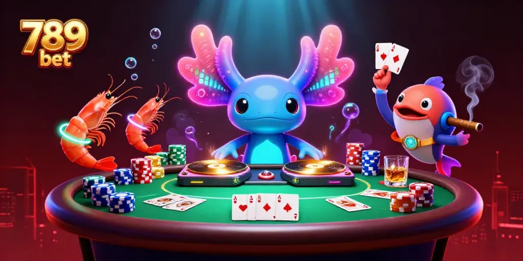 Spin the reels with 789 bet at this vibrant 3D casino scene featuring unique aquatic characters and poker elements.