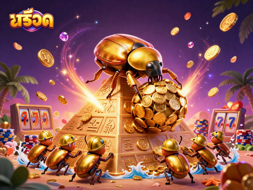 Engage in the สล็อต action with golden beetles rolling coins and dynamic slot machine elements.