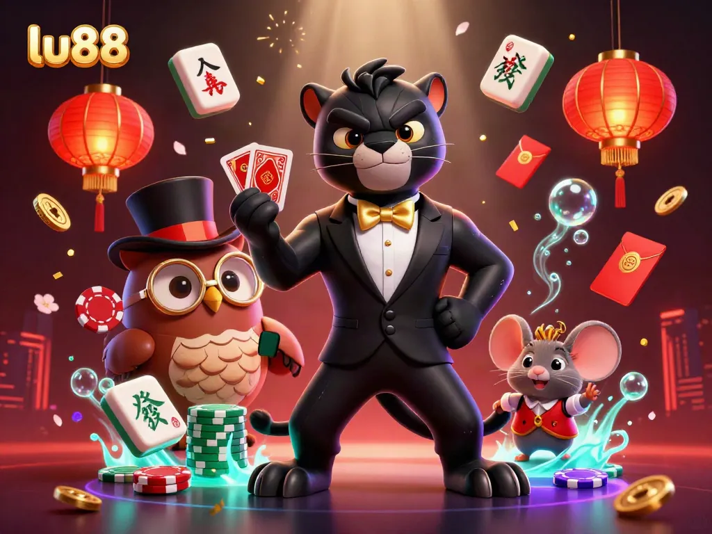 Engage with the exciting world of lu88 at this lively online casino scene showcasing card games, luck, and celebration.