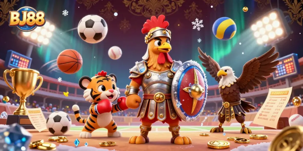 Experience the excitement of BJ88 with a vibrant 3D scene featuring a gladiator rooster, sports elements, and dynamic action.