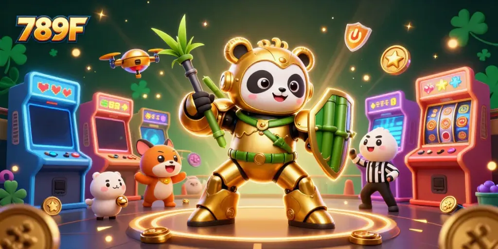 Engage in thrilling gameplay at 789F while a golden panda fights in a vibrant arena.