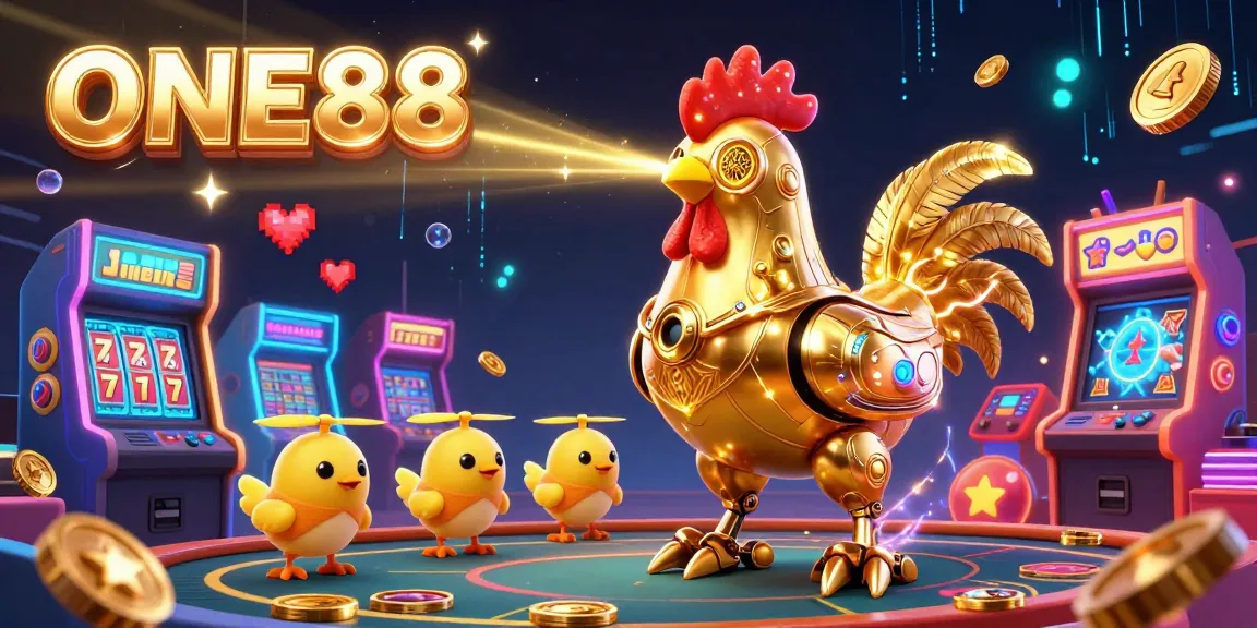 ONE88 showcases a thrilling gambling scene with a dynamic retro-futuristic robot enforcing colorful gaming elements.