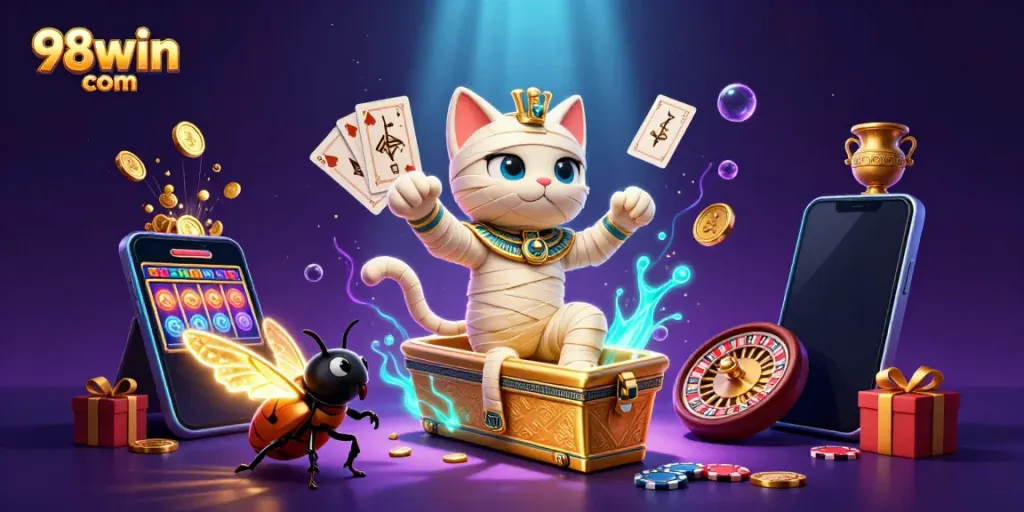 Experience thrilling gaming at 98win com with a vibrant 3D casino scene featuring a mummy cat and glowing elements.