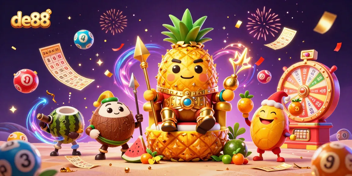 Experience the thrill of de88 with golden bingo cards and colorful lottery balls in a vibrant casino scene.