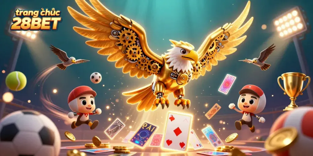Experience the thrill of gaming at trang chủ 28BET with vibrant casino elements and golden eagle illustrations.