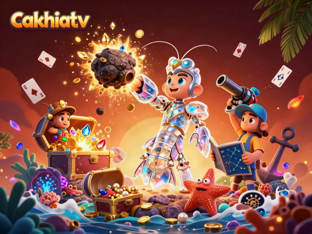 Experience the excitement of cakhiatv with vibrant gaming elements, including gold coins and glowing treasures.