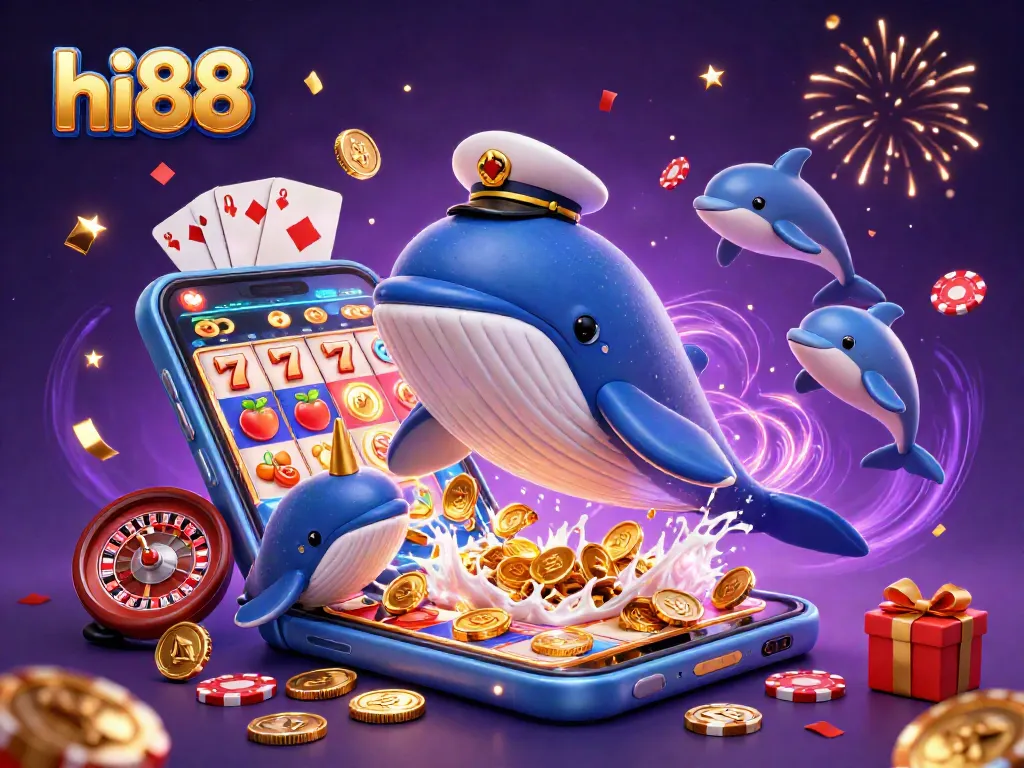 Play lively games with hi88, featuring a 3D whale, colorful slot games, and gold coins bursting out!