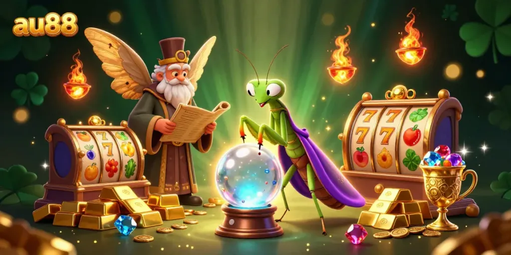 Experience the excitement of au88 with vibrant slot reels and mystical characters in this illustrated casino scene.