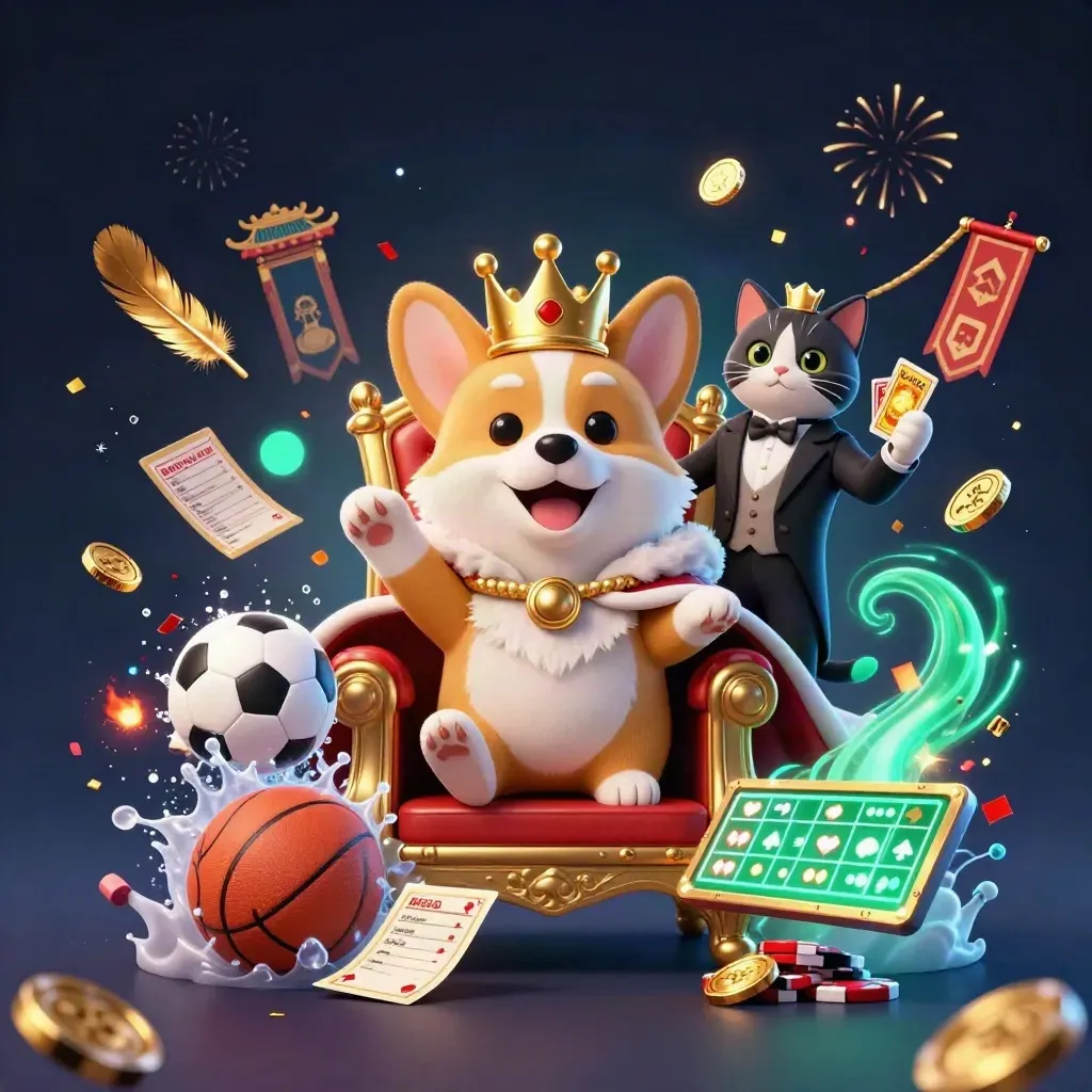Royal corgi and cat butler on poker chips amid balls, coins, fireworks, and neon casino effects.