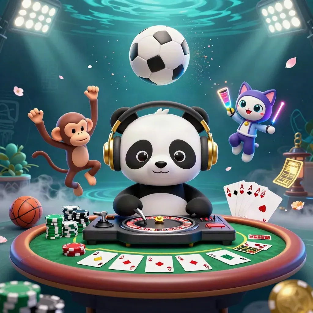 Panda DJ, breakdancing monkey, and glow kitten amid soccer ball, chips, and gold casino light.
