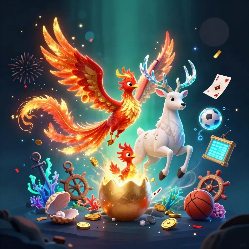 Phoenix, hatching baby phoenix, and crystal-antlered stag amid treasure, coral, and casino symbols.