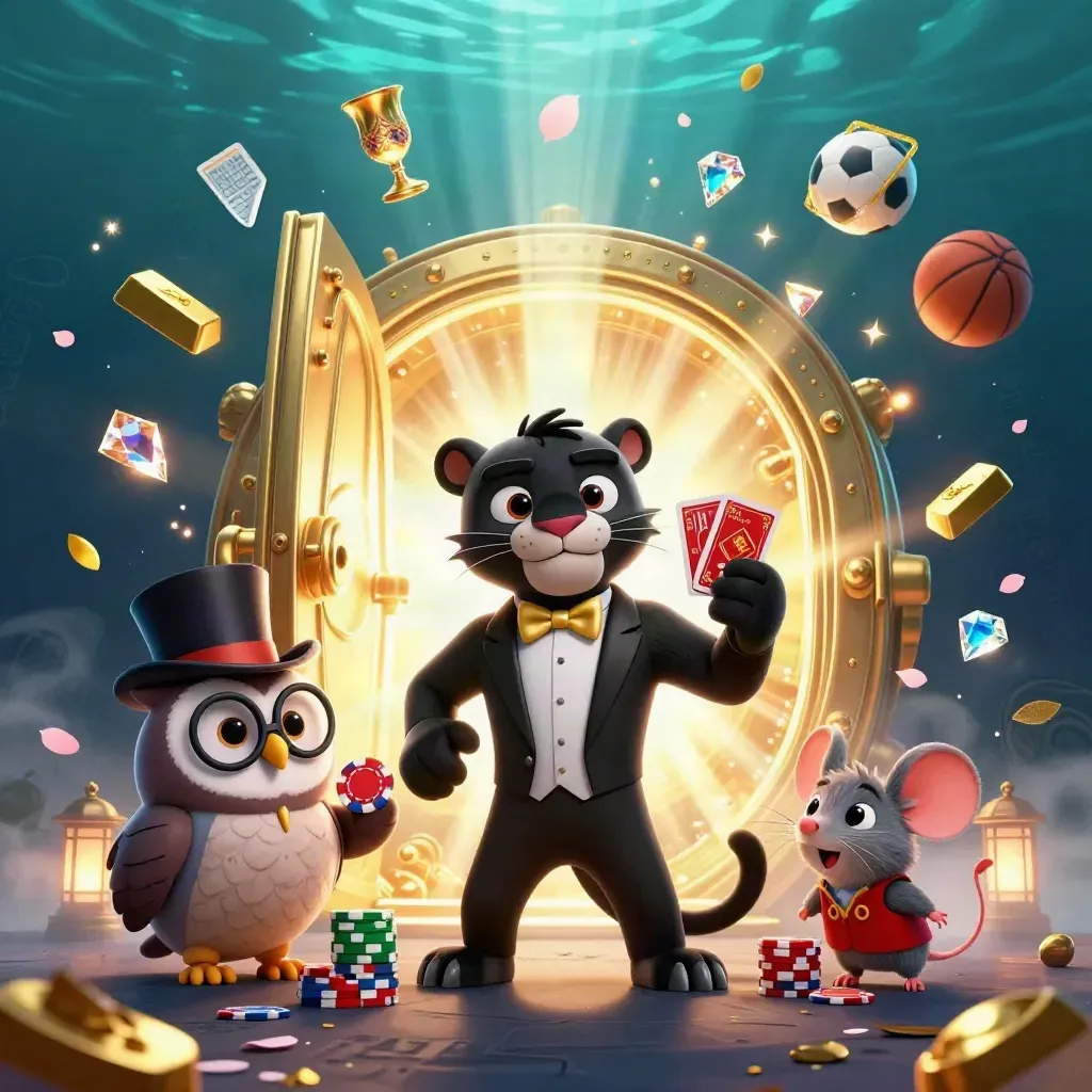 Panther, owl, and mouse amid vault light, chips, gold, balls, and teal casino fog.