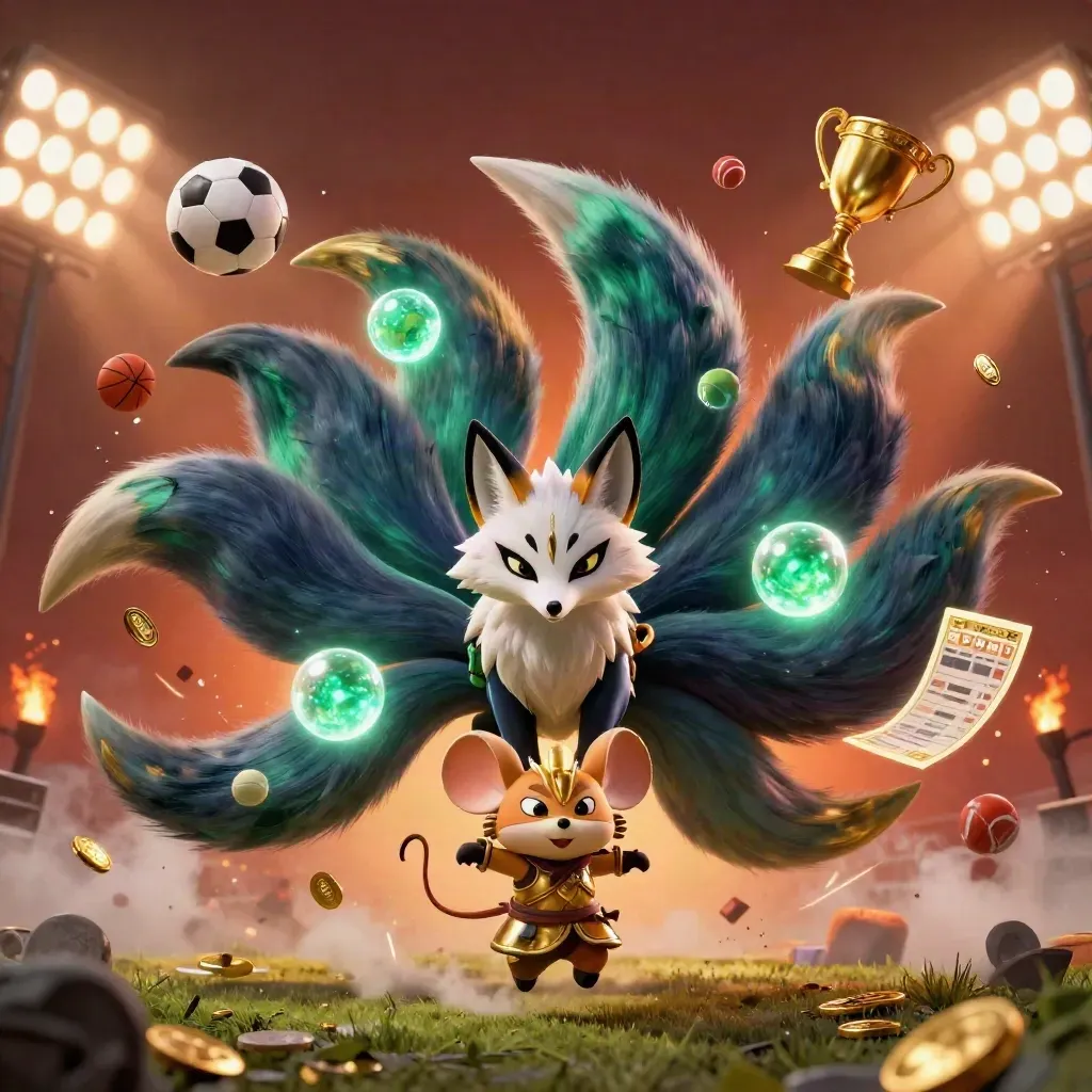 Neon fox spirit and golden mouse amid flying sports balls, coins, embers and floodlights.
