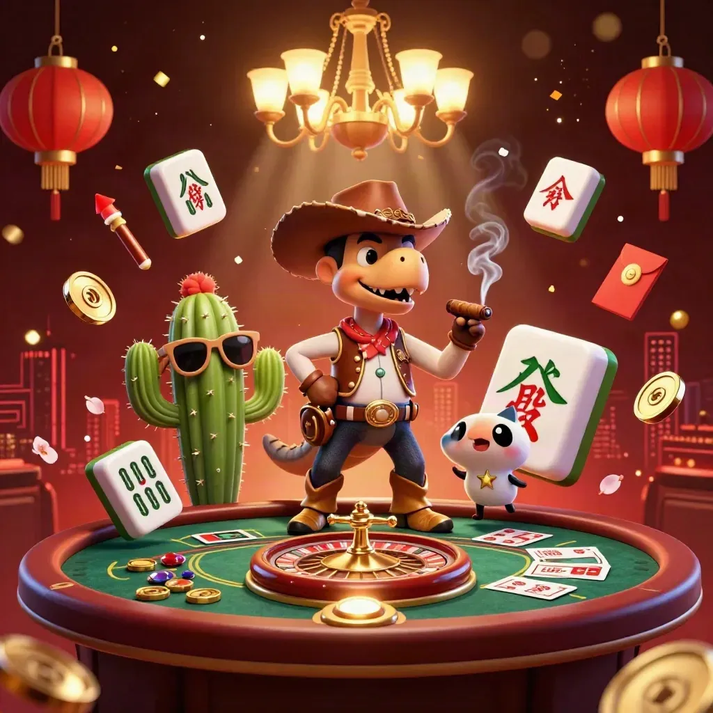 Cowboy T-Rex, cactus sidekick, and sheriff roadrunner in a glowing casino scene with floating game props.