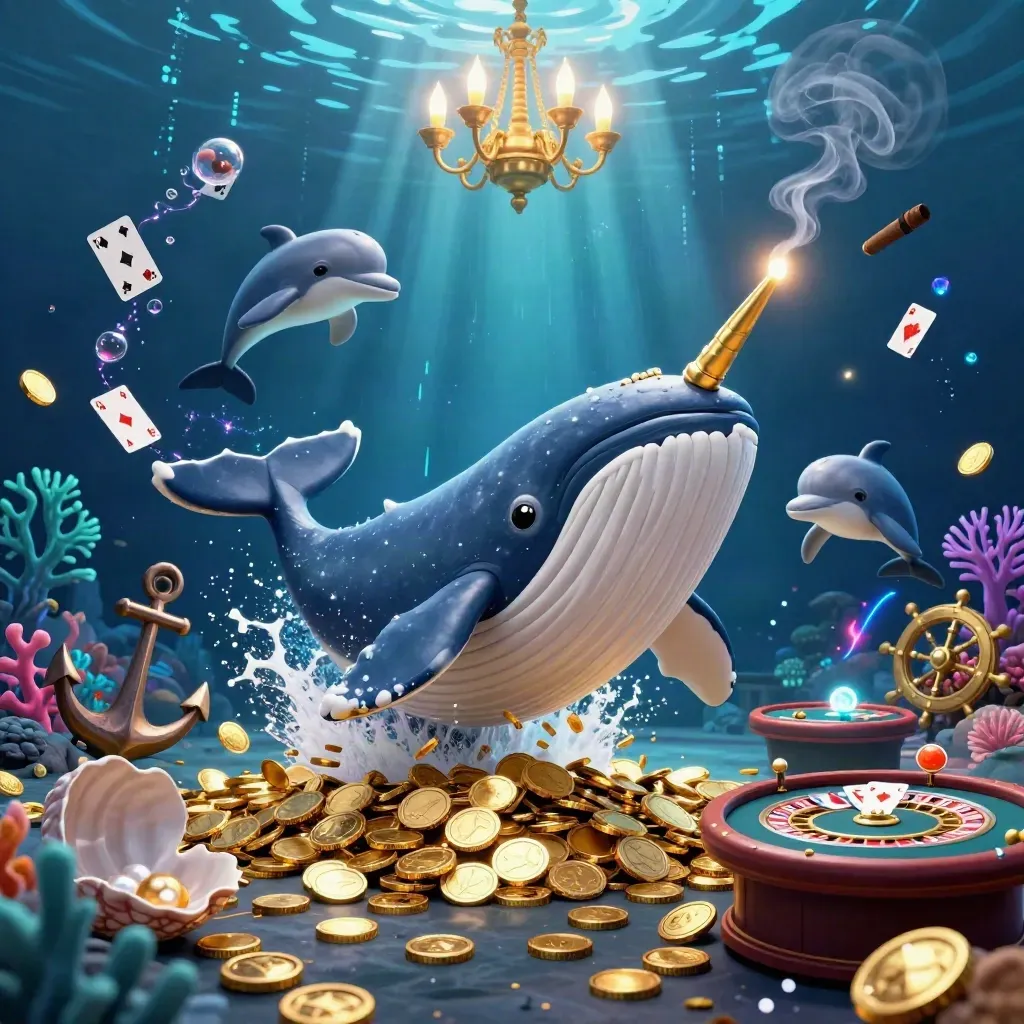 Whale captain, narwhal, and dolphins in a glittering underwater casino treasure cove.