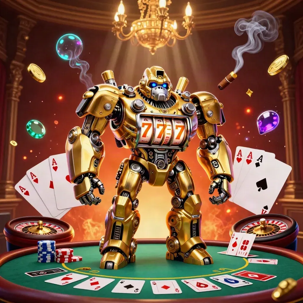 Golden gorilla slot-mech with monkey pilot amid poker, roulette, and casino glow
