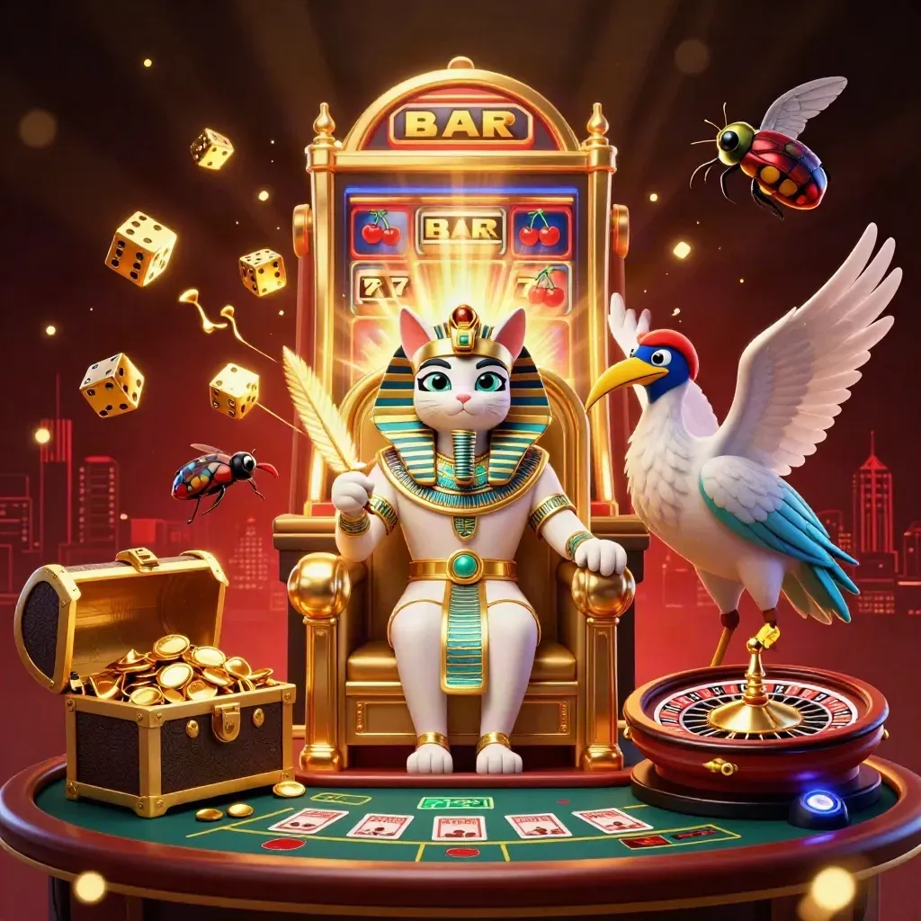 Pharaoh cat, ibis scribe and gem beetles amid casino luxury and exploding slot-machine gold