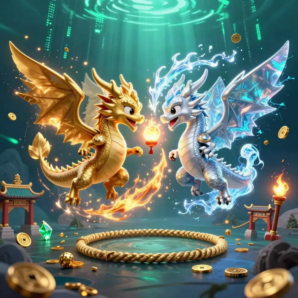 Gold and silver dragons swirl in fire-and-ice yin-yang with a lantern spirit and treasure shards.