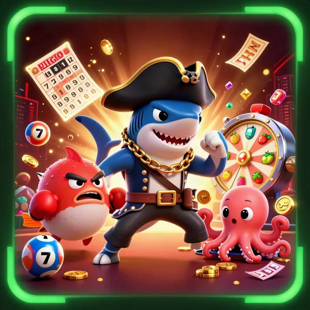 Shark pirate, boxing pufferfish, and coin-juggling octopus amid casino treasures and neon sparks.