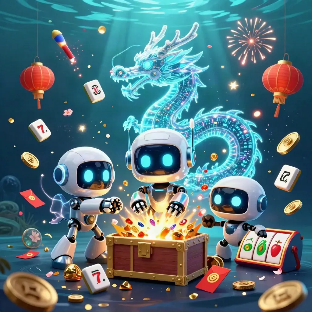 Robot, dragon and drone raid a sunken chest with gems, lanterns and coins underwater.