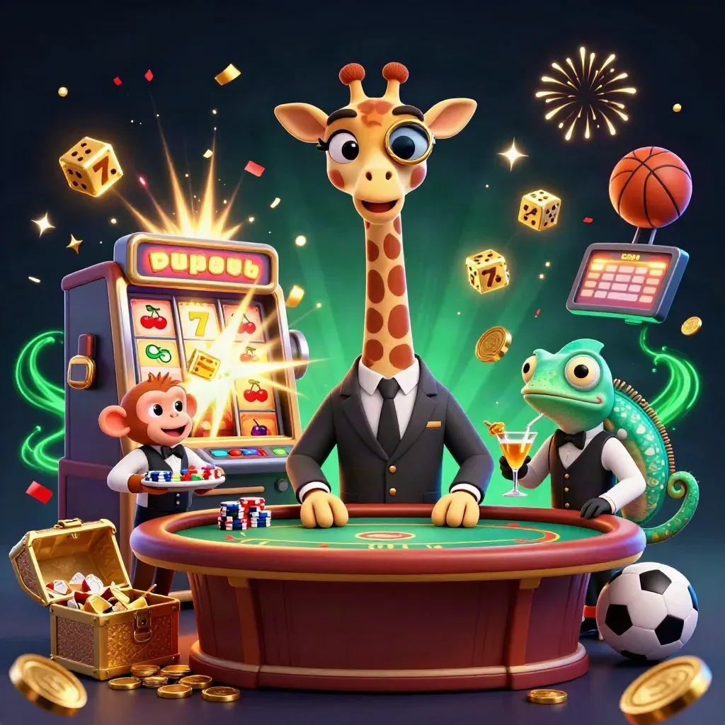 Giraffe, monkey, and chameleon celebrate a jackpot with coins, dice, and a bursting slot machine.