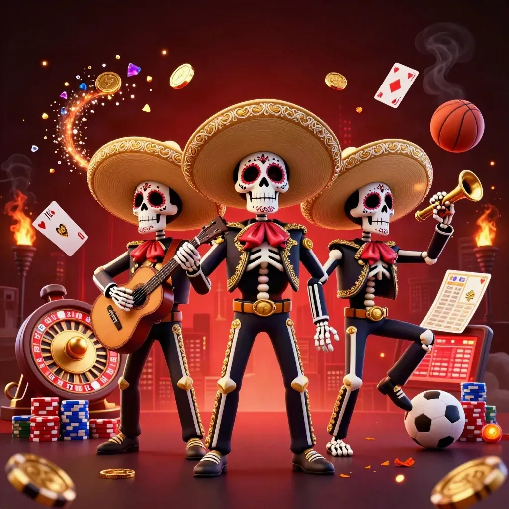 Three skeleton mariachi heroes amid coins, chips, cards, roulette wheel, and fiery casino lights.