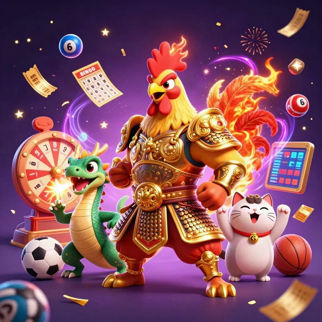 Rooster warrior, dragon hatchling, and fortune-cat amid casino prizes, sparks, and fireworks