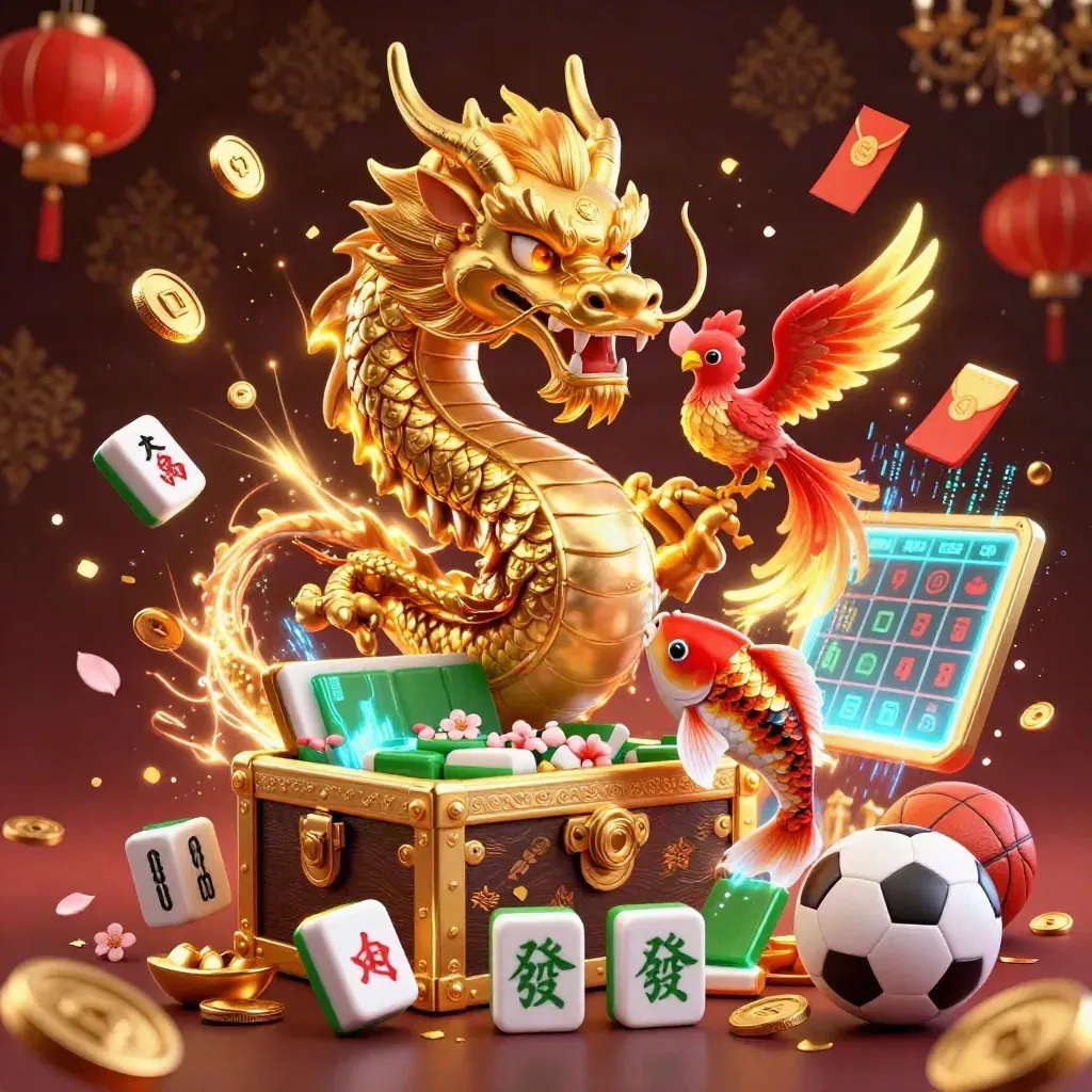 Golden dragon, phoenix and koi amid coins, fireworks and casino riches in a luxe dark fantasy splash