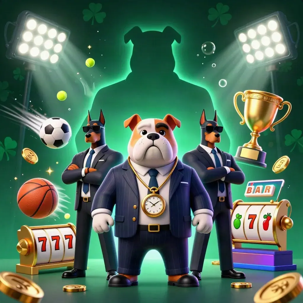 Bulldog boss with two Dobermans amid sports balls, coins, reels, and neon casino lights.