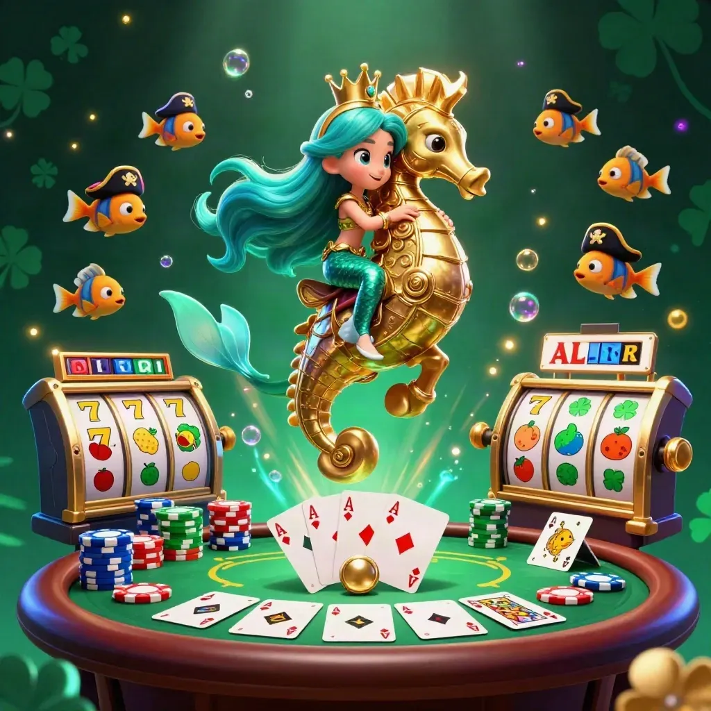 Mermaid princess rides armored seahorse amid pirate fish, chips, cards, reels, and glowing casino effects.