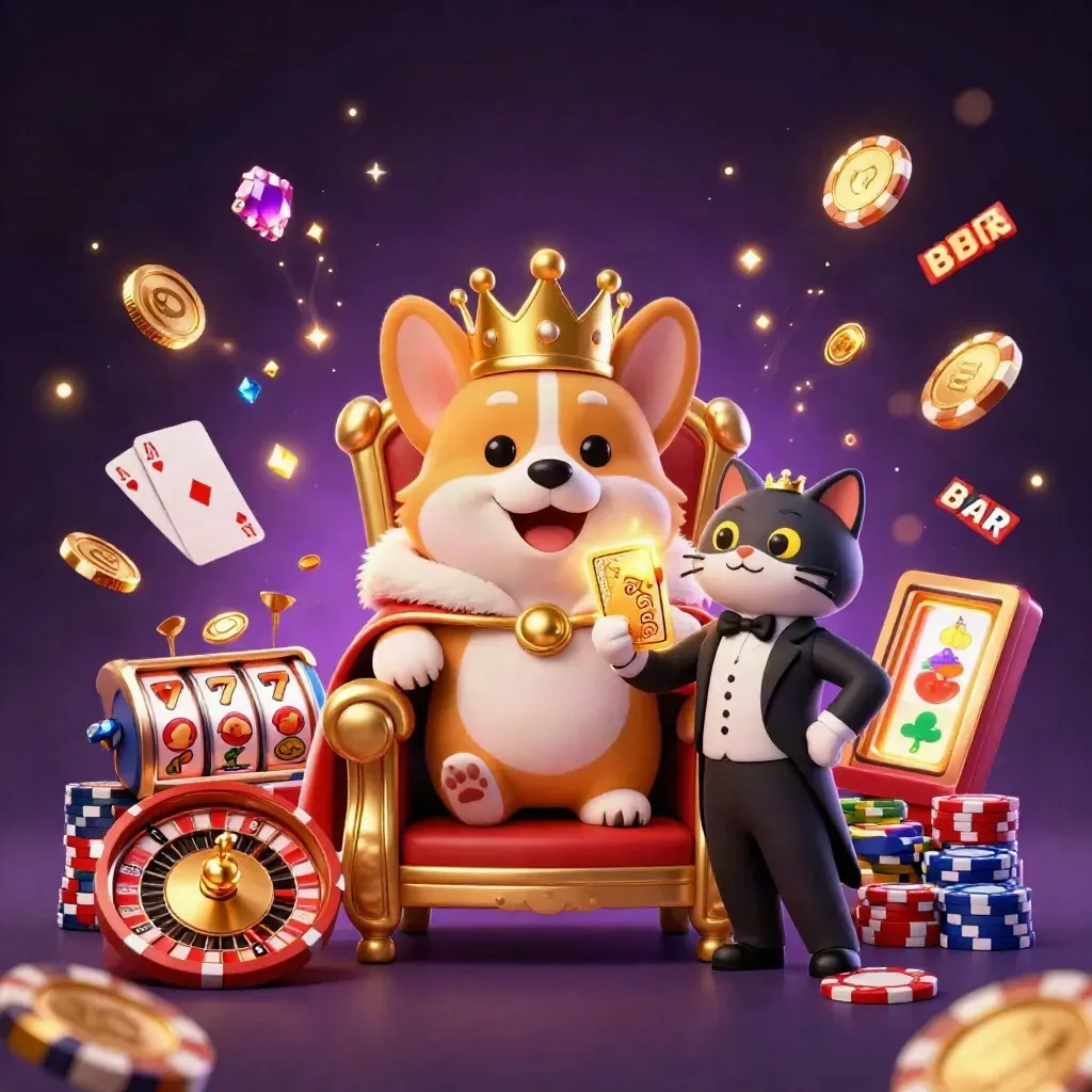 Royal corgi and cat butler on chips with roulette wheel, coins, cards, and slot reels in neon casino glow.