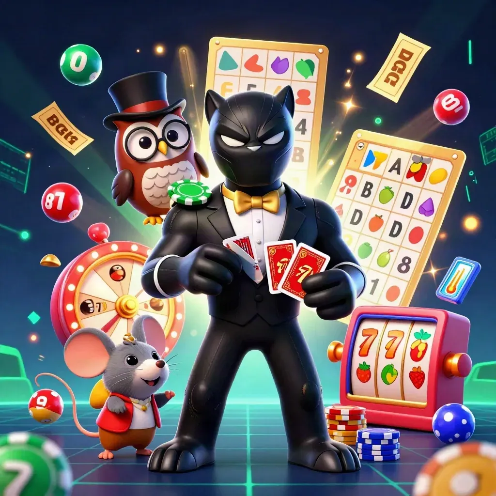 Panther, owl, and mouse in a neon casino splash scene with chips, reels, and lottery balls.