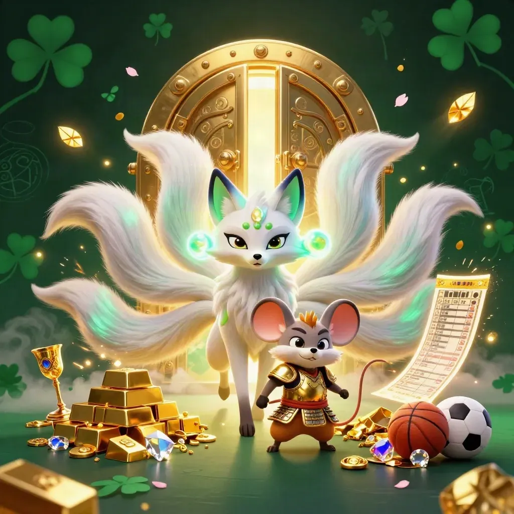 Nine-tailed fox spirit and armored samurai mouse amid gold, gems, casino light and sports props