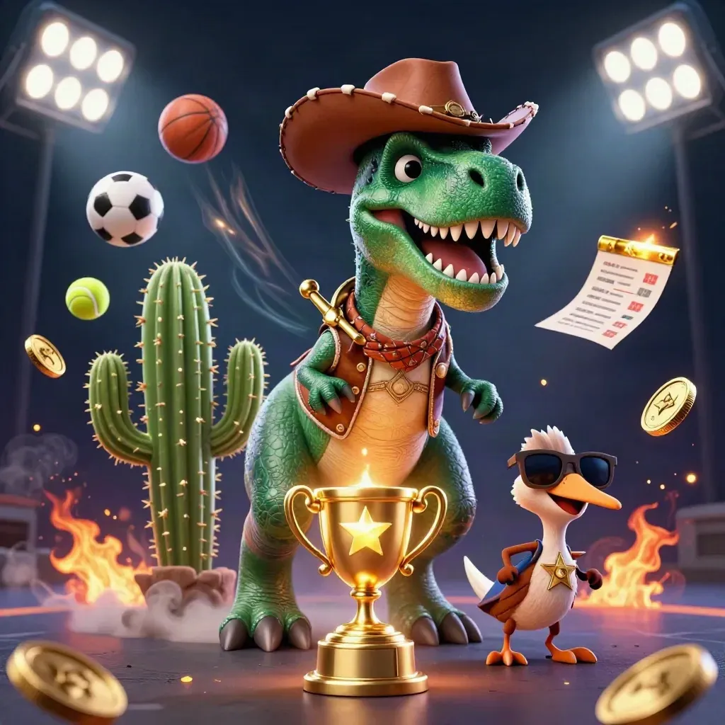 Cowboy T-Rex, cactus sidekick, and roadrunner amid balls, coins, trophy, and glowing lights